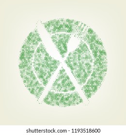 Fork, Knife and Plate sign. Vector. Green hexagon rastered icon and noised opacity and size at light green background with central light.