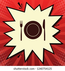 Fork, Knife and Plate sign. Vector. Dark red icon in lemon chiffon shutter bubble at red popart background with rays.