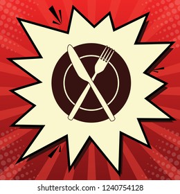 Fork, Knife and Plate sign. Vector. Dark red icon in lemon chiffon shutter bubble at red popart background with rays.