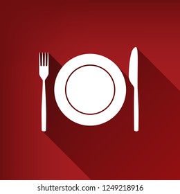 Fork, Knife and Plate sign. Vector. White icon with limitless shadow at ruby red background.