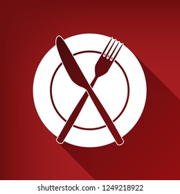 Fork, Knife and Plate sign. Vector. White icon with limitless shadow at ruby red background.