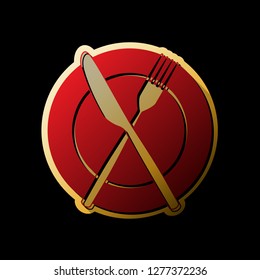 Fork, Knife and Plate sign. Vector. Red icon with small black and limitless shadows at golden sticker on black background.