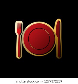 Fork, Knife and Plate sign. Vector. Red icon with small black and limitless shadows at golden sticker on black background.