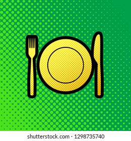 Fork, Knife and Plate sign. Vector. Pop art orange to yellow dots-gradient icon with black contour at greenish background.