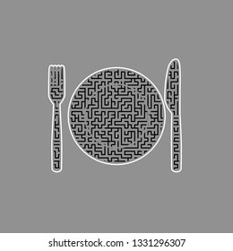Fork, Knife and Plate sign. Vector. Black maze filled icon with white border at gray background.