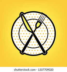 Fork, Knife and Plate sign. Vector. Yellow polka dot white icon with black contour at warm yellow background.
