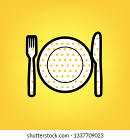 Fork, Knife and Plate sign. Vector. Yellow polka dot white icon with black contour at warm yellow background.