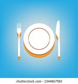 Fork, Knife and Plate sign. Vector. White icon with 3d warm-colored gradient body at sky blue background.