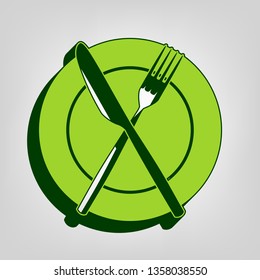 Fork, Knife and Plate sign. Vector. Yellow green solid icon with dark green external body at light colored background.