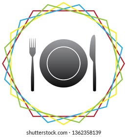 Fork, Knife and Plate sign. Vector. Black icon with patch of light inside colorful hexagonal frames at white background.
