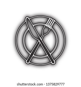 Fork, Knife and Plate sign. Vector. Double contour black icon with soft shadow at white background. Isolated.