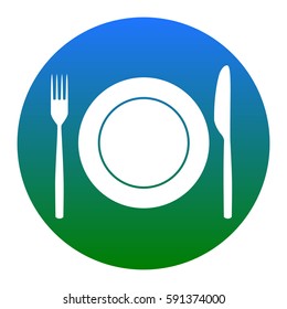 Fork, Knife and Plate sign. Vector. White icon in bluish circle on white background. Isolated.