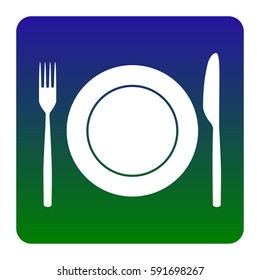 Fork, Knife and Plate sign. Vector. White icon at green-blue gradient square with rounded corners on white background. Isolated.