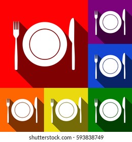 Fork, Knife and Plate sign. Vector. Set of icons with flat shadows at red, orange, yellow, green, blue and violet background.