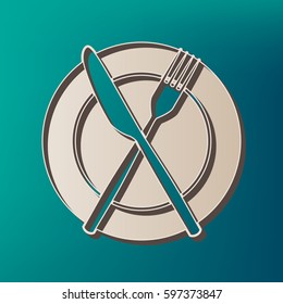 Fork, Knife and Plate sign. Vector. Icon printed at 3d on sea color background.