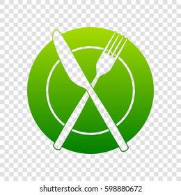 Fork, Knife and Plate sign. Vector. Green gradient icon on transparent background.