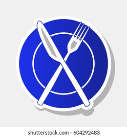 Fork, Knife and Plate sign. Vector. New year bluish icon with outside stroke and gray shadow on light gray background.