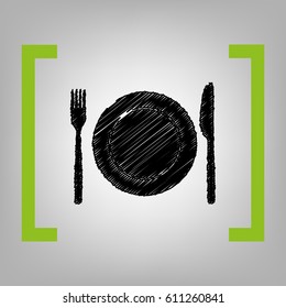 Fork, Knife and Plate sign. Vector. Black scribble icon in citron brackets on grayish background.
