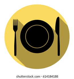 Fork, Knife and Plate sign. Vector. Flat black icon with flat shadow on royal yellow circle with white background. Isolated.