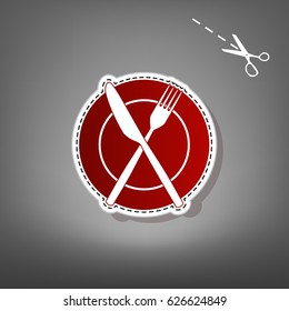 Fork, Knife and Plate sign. Vector. Red icon with for applique from paper with shadow on gray background with scissors.