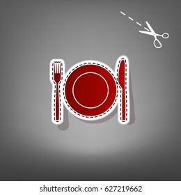 Fork, Knife and Plate sign. Vector. Red icon with for applique from paper with shadow on gray background with scissors.