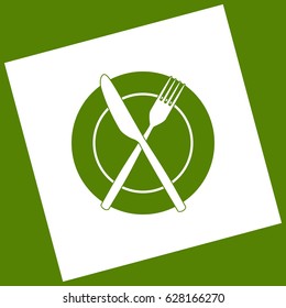 Fork, Knife and Plate sign. Vector. White icon obtained as a result of subtraction rotated square and path. Avocado background.