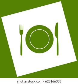 Fork, Knife and Plate sign. Vector. White icon obtained as a result of subtraction rotated square and path. Avocado background.