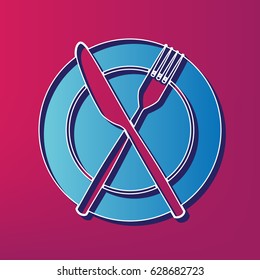 Fork, Knife and Plate sign. Vector. Blue 3d printed icon on magenta background.
