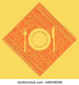 Fork, Knife and Plate sign. Vector. Red scribble icon obtained as a result of subtraction rhomb and path. Royal yellow background.