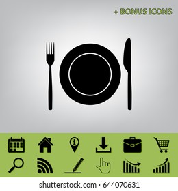 Fork, Knife and Plate sign. Vector. Black icon at gray background with bonus icons at celery ones