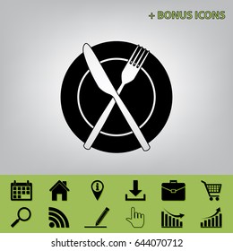 Fork, Knife and Plate sign. Vector. Black icon at gray background with bonus icons at celery ones
