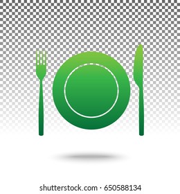 Fork, Knife and Plate sign. Vector. Green gradient icon with shadow at bottom on transparent and white background.