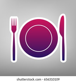 Fork, Knife and Plate sign. Vector. Purple gradient icon on white paper at gray background.