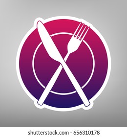 Fork, Knife and Plate sign. Vector. Purple gradient icon on white paper at gray background.