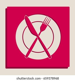 Fork, Knife and Plate sign. Vector. Grayscale version of Popart-style icon.