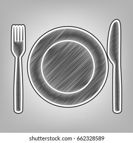 Fork, Knife and Plate sign. Vector. Pencil sketch imitation. Dark gray scribble icon with dark gray outer contour at gray background.