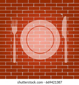 Fork, Knife and Plate sign. Vector. Whitish icon on brick wall as background.