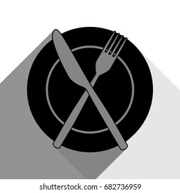 Fork, Knife and Plate sign. Vector. Black icon with two flat gray shadows on white background.