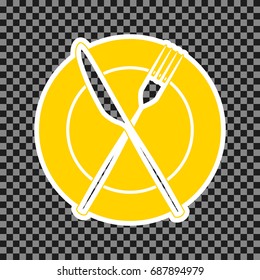 Fork, Knife and Plate sign. Vector. Yellow icon with white contour on dark transparent background.
