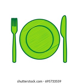 Fork, Knife and Plate sign. Vector. Lemon scribble icon on white background. Isolated