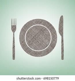 Fork, Knife and Plate sign. Vector. Brown flax icon on green background with light spot at the center.