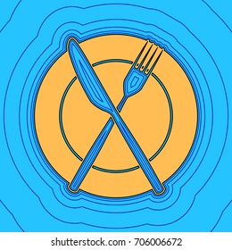 Fork, Knife and Plate sign. Vector. Sand color icon with black contour and equidistant blue contours like field at sky blue background. Like waves on map - island in ocean or sea.