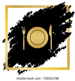 Fork, Knife and Plate sign. Vector. Golden icon at black spot inside golden frame on white background.