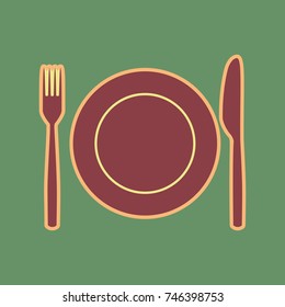 Fork, Knife and Plate sign. Vector. Cordovan icon and mellow apricot halo with light khaki filled space at russian green background.