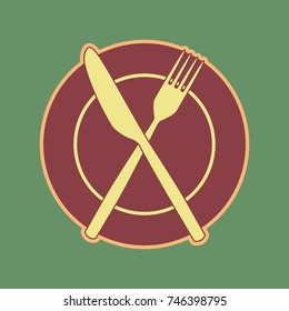 Fork, Knife and Plate sign. Vector. Cordovan icon and mellow apricot halo with light khaki filled space at russian green background.