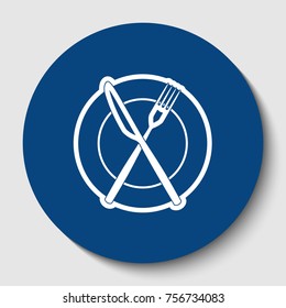 Fork, Knife and Plate sign. Vector. White contour icon in dark cerulean circle at white background. Isolated.