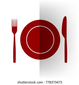 Fork, Knife and Plate sign. Vector. Bordo icon on white bending paper background.