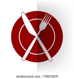 Fork, Knife and Plate sign. Vector. Bordo icon on white bending paper background.