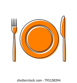 Fork, Knife and Plate sign. Vector. Black line icon with shifted flat orange filled icon on white background. Isolated.