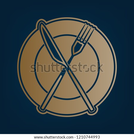 Fork, Knife and Plate sign. Vector. Golden icon and border at dark cyan background.